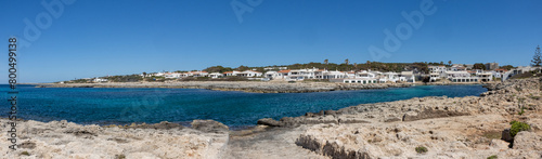 Panoramic photograph of the Biniancolla cove on the island of Menorca, offering a picturesque landscape of typical white houses, with an inlet on the coast. Spain