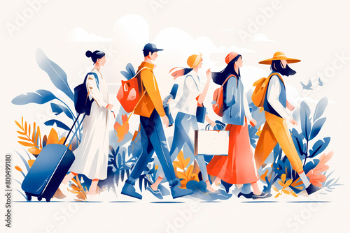 Vector illustration of a group of tourists walking in the park with suitcases.