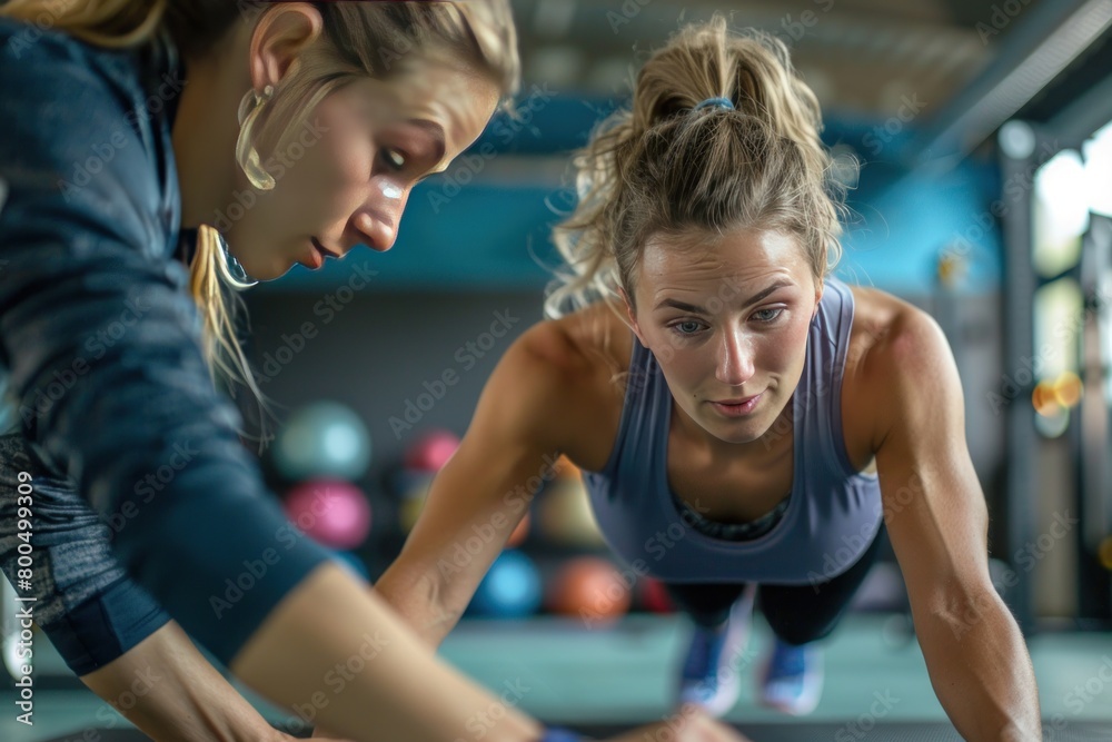 Two women are working out together, one of them is helping the other with a push up. Scene is focused and determined, as the women are working hard to improve their fitness