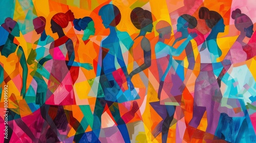 Colorful abstract painting of women walking in a city.