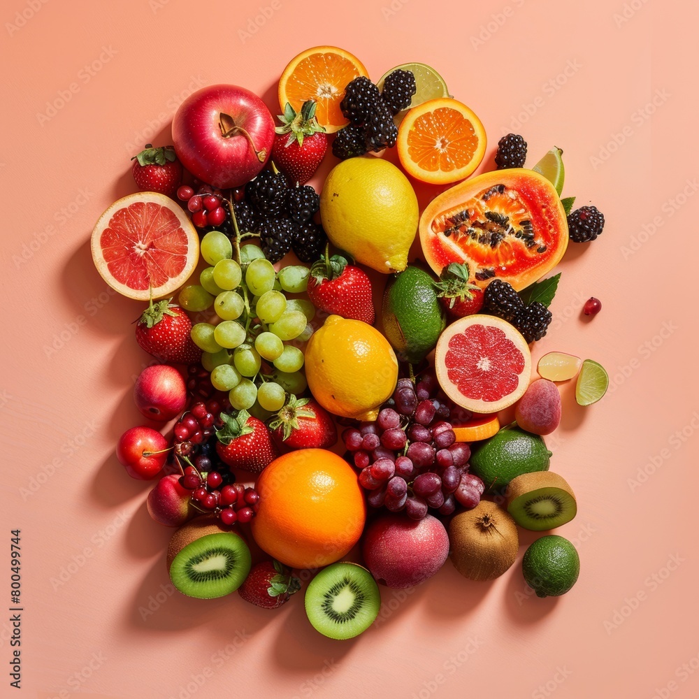 Vibrant Medley: A Cornucopia of Fresh Fruits on a Blush Pink Canvas Vibrant Medley: A Cornucopia of Fresh Fruits on a Blush Pink Canvas