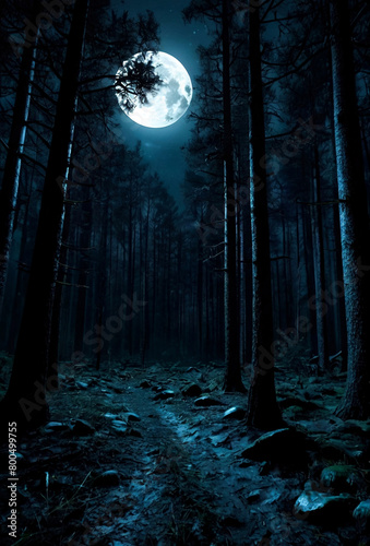 Dark cold futuristic forest, dramatic scene with trees, big moon, moonlight. Shadow landscape in night woodland reflection in river. Fairy tale concept. Copy ad text space. Generative Ai illustration