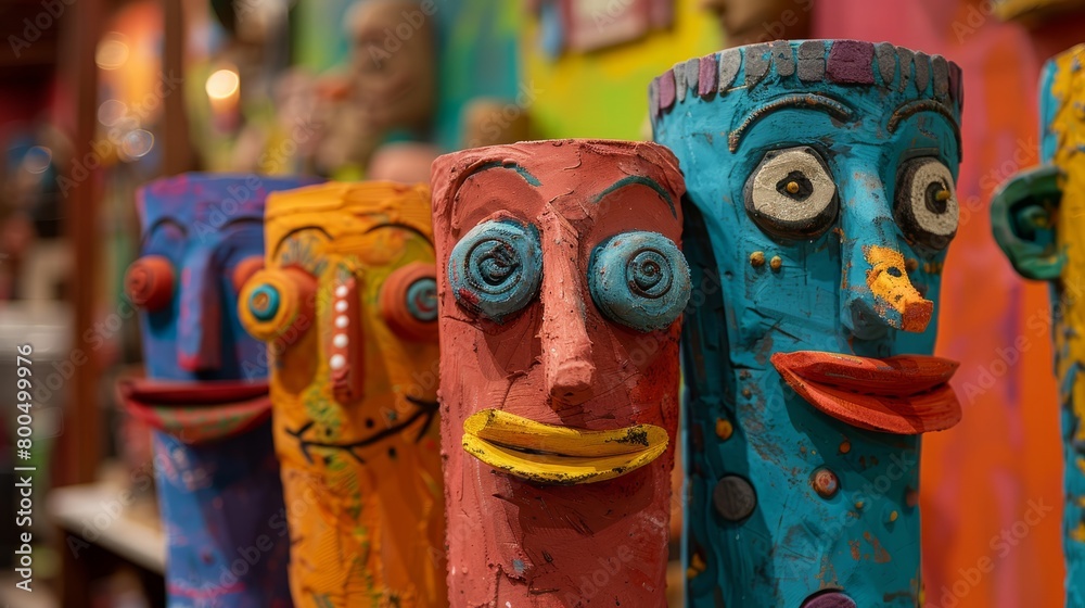 Fototapeta premium Colorful wooden tiki totem poles with faces.