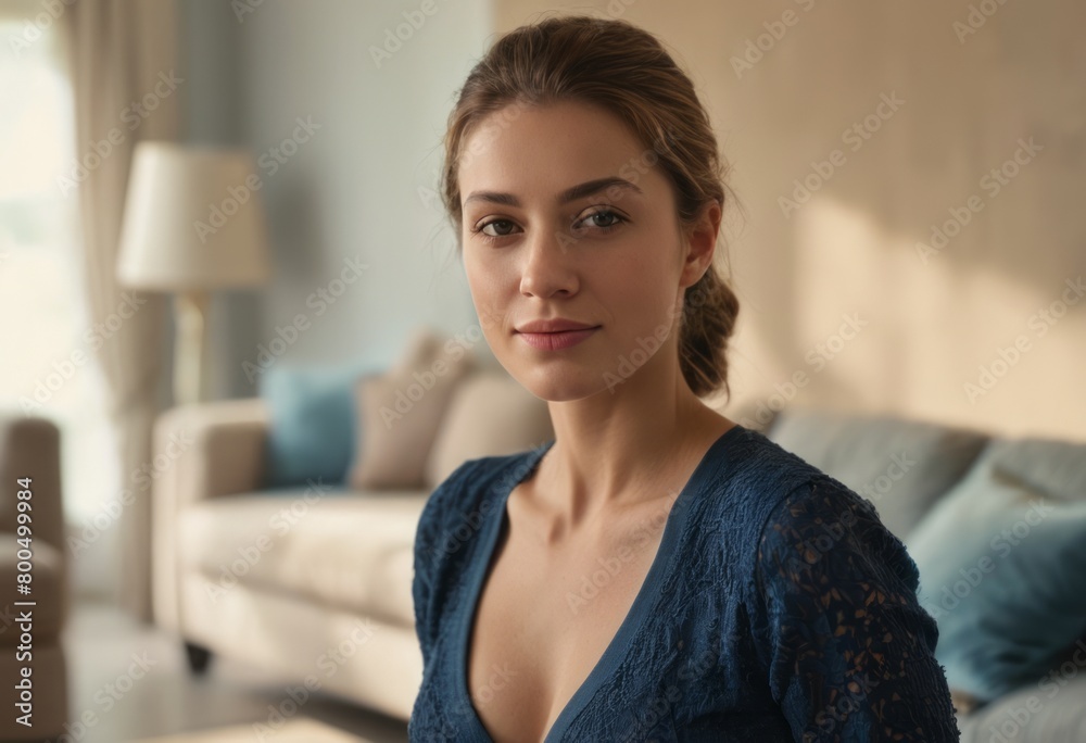 Portrait of a young woman with a subtle smile, indoors Portrait of a young woman with a subtle smile, indoors