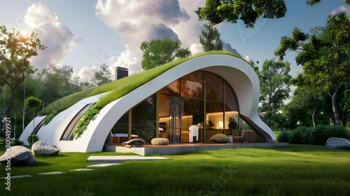 eco house in an abstract style with a grass roof
