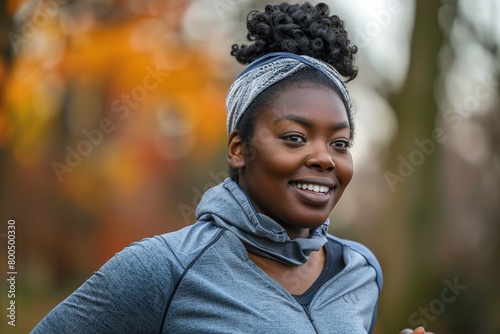 Portrait of a young plump charming African woman in gray sportswear losing weight while doing sports on a blurred city park background