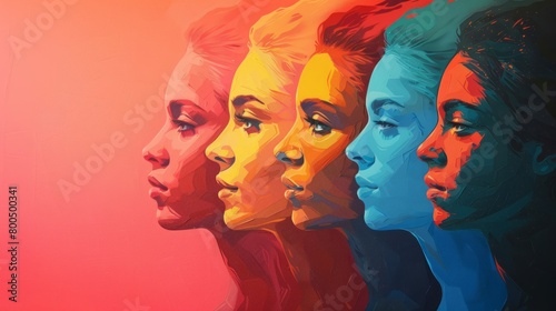 Five colorful women face profiles in a row on a pink background. photo