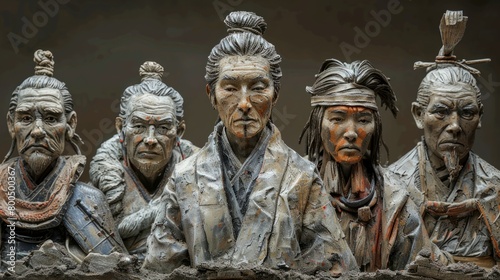 Five samurai warriors made of stone