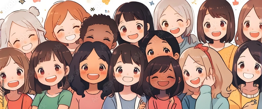Illustration of a group of diverse cute and happy young girls. Generative AI Illustration of a group of diverse cute and happy young girls. Generative AI