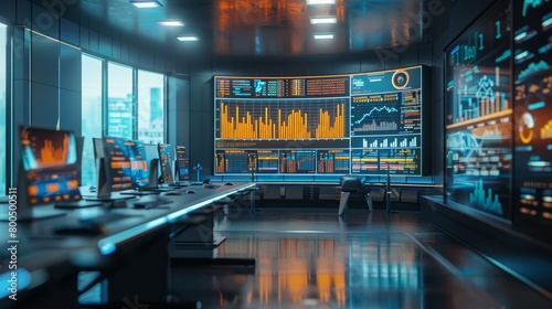Futuristic command center with multiple monitors displaying various graphs and data.