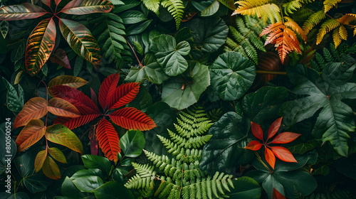 Background image of red and green forest leaves, the colors of autumn plants, ideal for seasonal use.