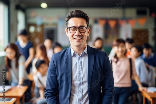 Portrait of young handsome asian professor in glasses, blue jacket and white shirt on blurred background of classroom with students © Маргарита Вайс