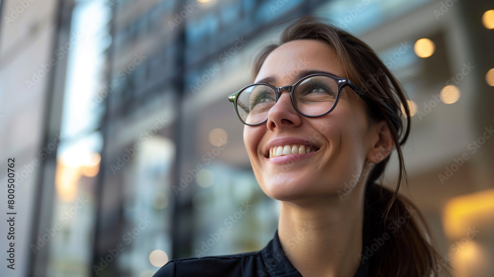 Photo of a young smiling business woman in glasses standing against the background of an office building.