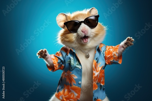 Party animal concept of happy fluffy hamster in orange blue unbuttoned hawaiian shirt on blue background photo