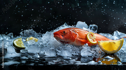 Red fish salmon ice and lemon on a dark background