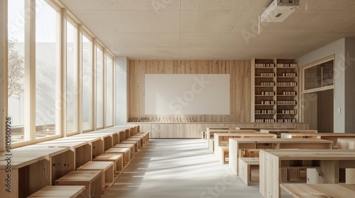 interior of a modern wood-paneled classroom with large windows