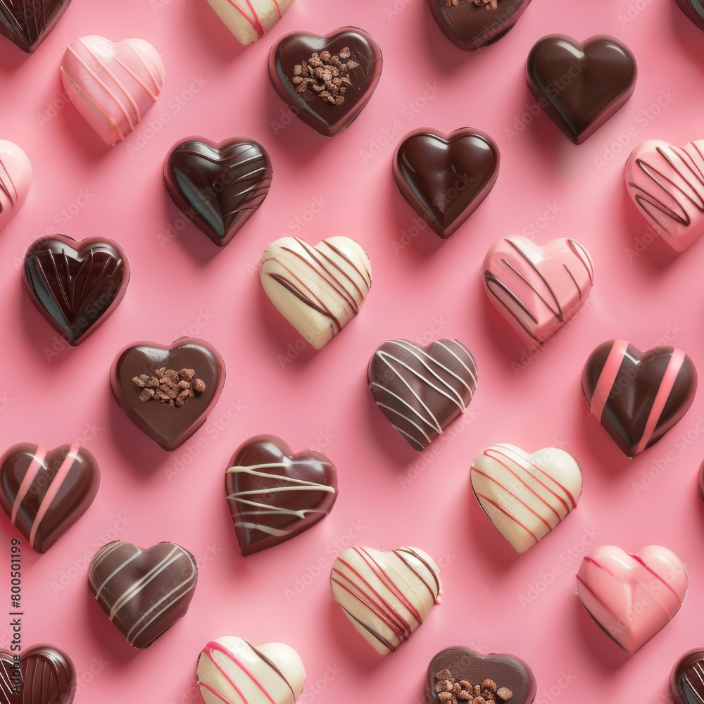 A pattern of heart-shaped chocolates on a pink background. A pattern of heart-shaped chocolates on a pink background.