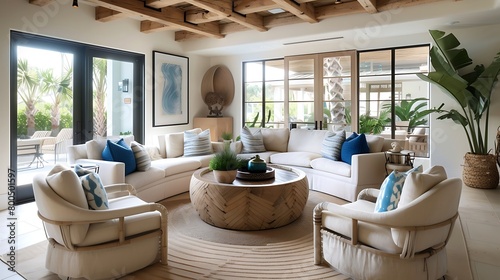 beautiful small space casual living family room soft neutral wood beams and a gorgeous grouping of swivel color fabric chairs around a striking coffee table coastal design nature freshness ... photo