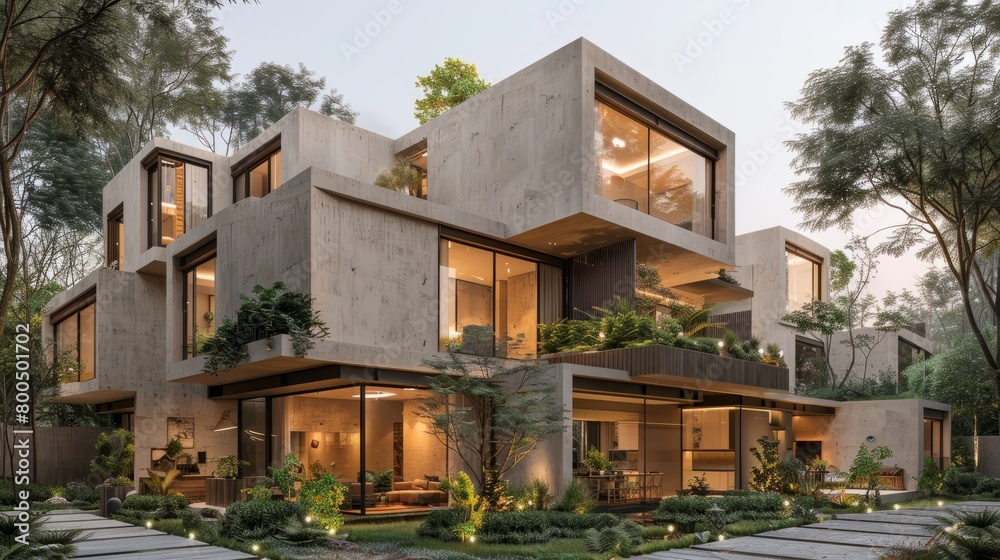 Fototapeta premium Photo of a modern house with a lot of glass windows and a garden with green plants and trees.