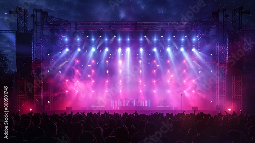 Pink and blue stage lights at a concert with a large crowd. photo