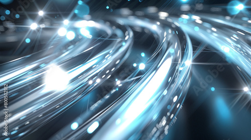 A sleek silver and neon blue abstract image, illustrating the high-speed flow of information through fiber optic cables. 