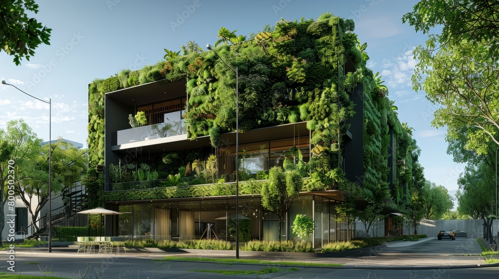 The image shows a modern apartment building with a green facade covered in plants and trees.
