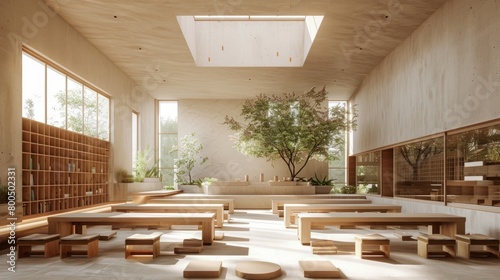The image shows a large, open room with a high ceiling. The room is furnished with long wooden benches and a few trees. There are windows on one side of the room and a skylight on the other. photo