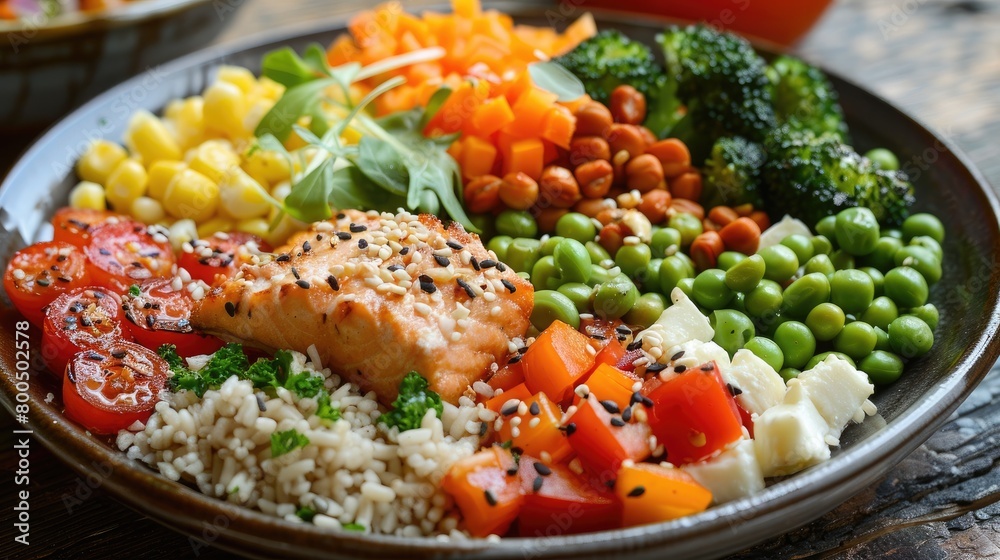 A delicious and healthy meal with salmon, vegetables, and grains. A delicious and healthy meal with salmon, vegetables, and grains.