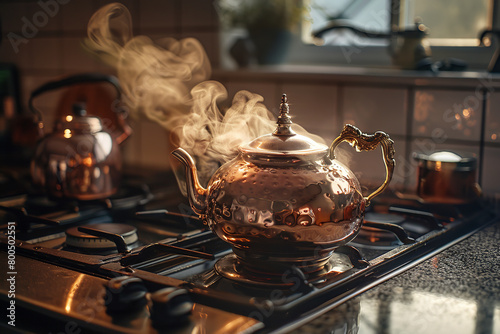 Steam rises from an elegant copper teapot on a stove - showcasing the timeless beauty and functionality of copper in kitchenware design