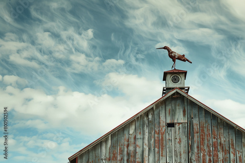 A vintage copper weather vane - with a rich patina - stands atop an old barn - telling stories of years weathered under changing skies