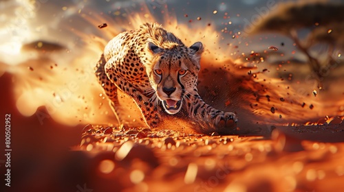   A tight shot of a cheetah sprinting in dusty terrain, its muzzle aglow with fiery flames A tree stands tall against the backdrop © Viktor