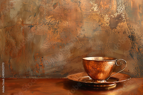 A still life painting captures a copper teacup and saucer - their rich patina adding a sense of depth and texture to the artistic composition photo