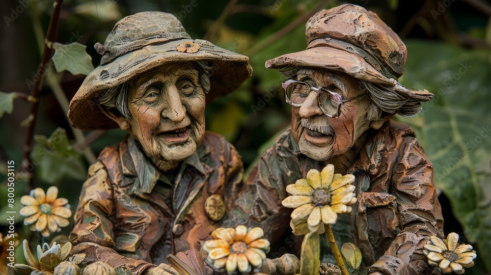 Two elderly people, made of clay, are sitting in a garden and smiling at each other. Two elderly people, made of clay, are sitting in a garden and smiling at each other.