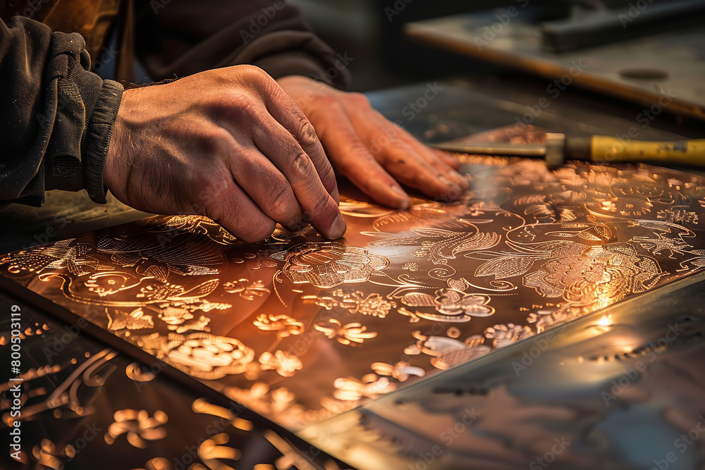 © YouAreBeautiful - An artist etches delicate designs into a copper plate - showcasing the precision and intricacy required in the art of metalworking © YouAreBeautiful - An artist etches delicate designs into a copper plate - showcasing the precision and intricacy required in the art of metalworking