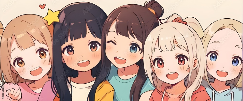 Illustration of a group of diverse cute and happy young girls. Generative AI Illustration of a group of diverse cute and happy young girls. Generative AI