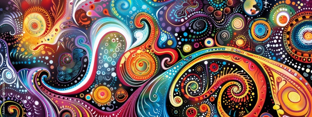 Fototapeta premium Vibrant Liquid Swirls: Abstract colorful background with circles, pattern, texture, and seamless design, resembling flowing water, paint, and fire in shades of blue, orange, and gold