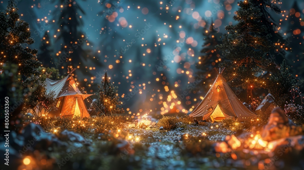 Naklejka premium Two teepees in a forest at night with a campfire in between them and a starry sky above.