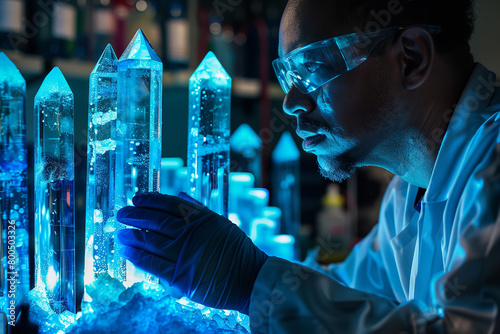 A chemist works with copper sulfate crystals in a lab - the vibrant blue solutions vividly demonstrating fascinating chemical reactions photo
