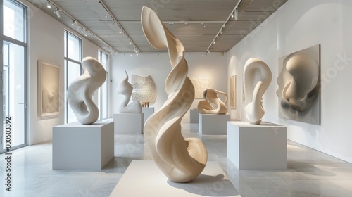 White abstract sculptures in a modern art gallery