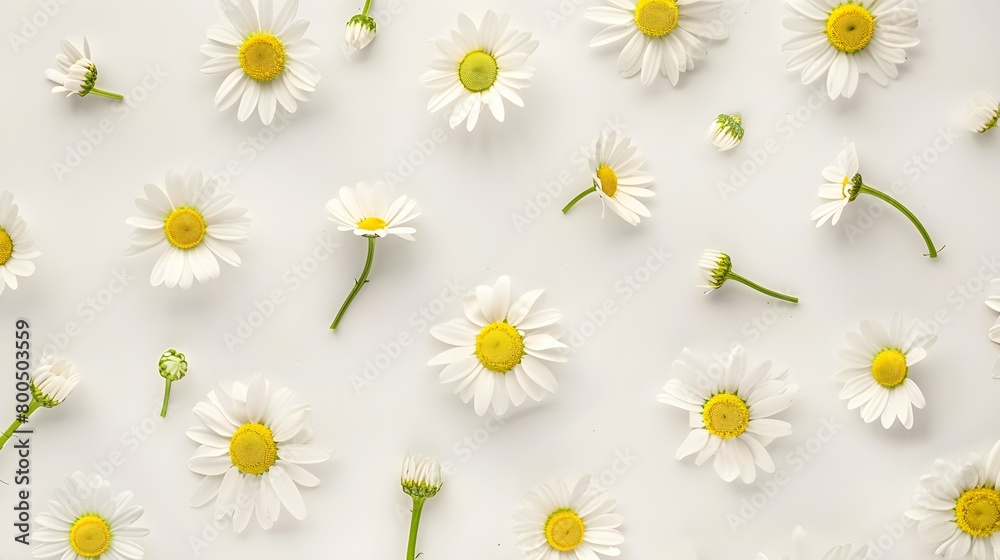 Chamomile daisy flower buds pattern on white background. Minimal summer flower composition