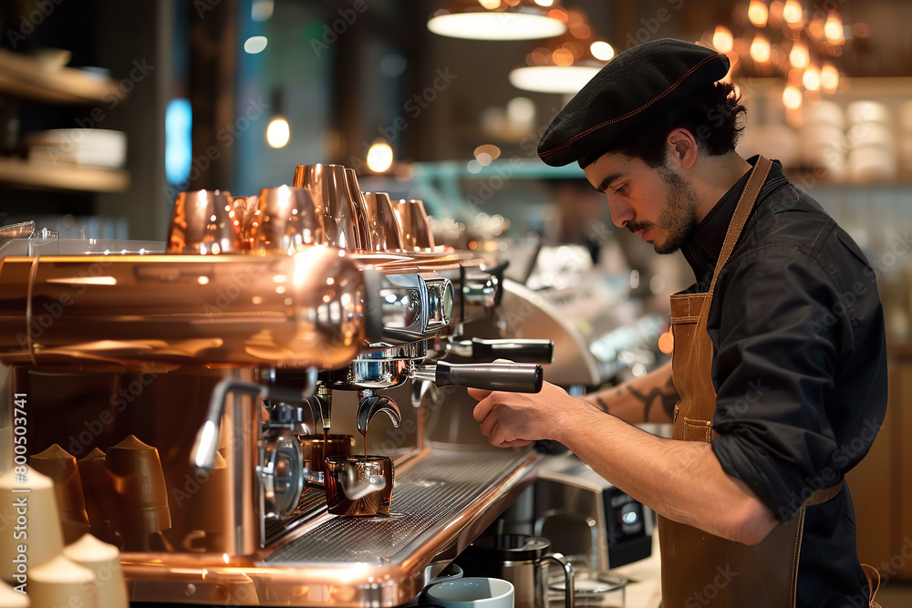 A barista operates a classic copper espresso machine - its stylish design enhancing both the functionality and ambiance of the coffee shop A barista operates a classic copper espresso machine - its stylish design enhancing both the functionality and ambiance of the coffee shop