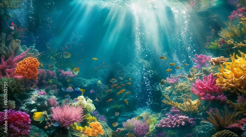  A surreal underwater realm teeming with vibrant coral reefs, exotic marine life, and shafts of sunlight piercing the depths 