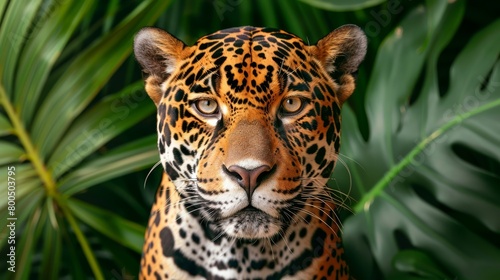   A tight shot of a leopard s face against a backdrop of green  leafy foliage A palm tree stands prominently in the foreground