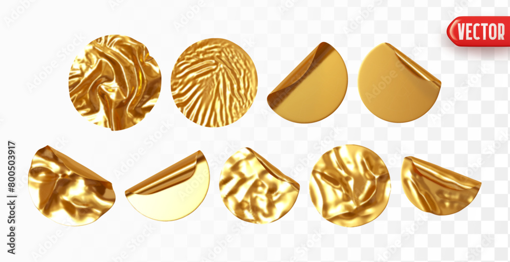 Set of round golden paper stickers gradient foil film. Realistic design gold round sticker label template isolated background. Collection mockup price tag sale. Vector illustration
