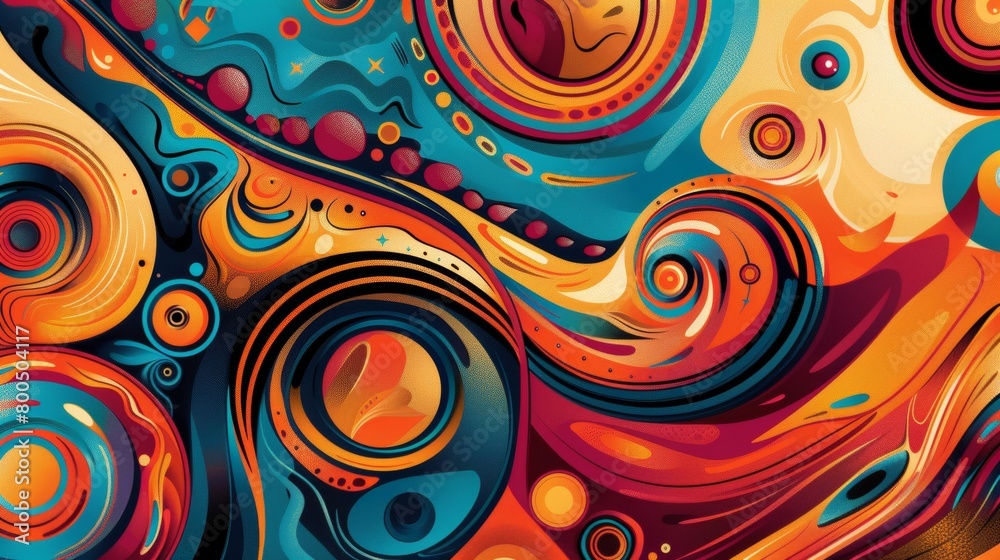 Fototapeta premium Vibrant Liquid Swirls: Abstract colorful background with circles, pattern, texture, and seamless design, resembling flowing water, paint, and fire in shades of blue, orange, and gold