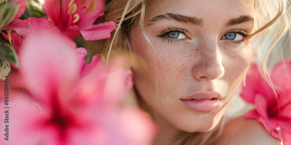 Pretty girl face and pink flowers poster. Tropical summer concept background. Raster bitmap digital photo illustration. AI artwork.	