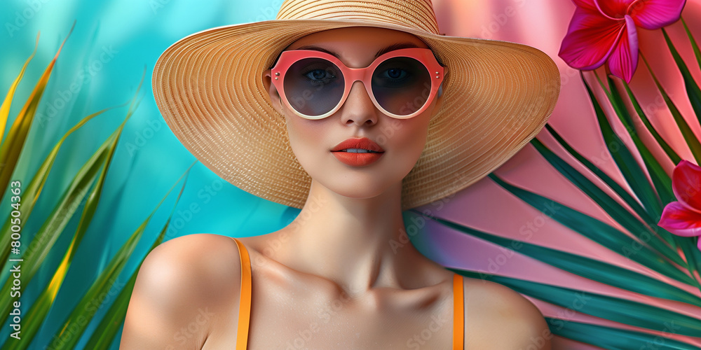 Pretty girl and sea poster. Tropical summer concept background. Raster bitmap digital photo illustration. AI artwork.	