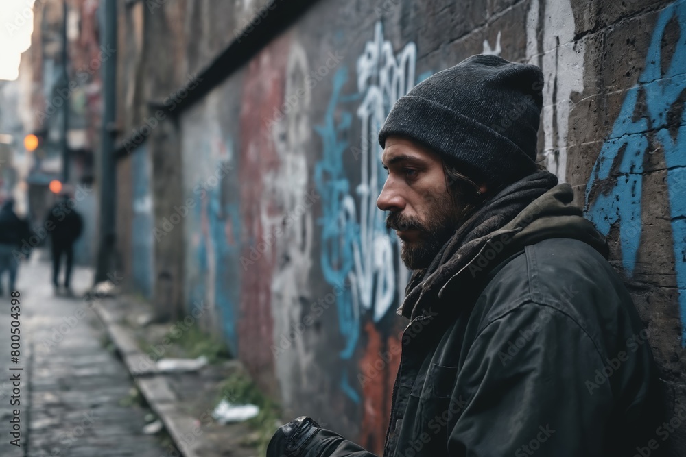 Urban Solitude: Person in Winter Attire Amidst Graffiti Walls Urban Solitude: Person in Winter Attire Amidst Graffiti Walls