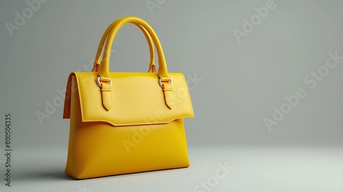 Beautiful trendy smooth youth women's handbag in bright yellow color on a gray studio background. AI generated