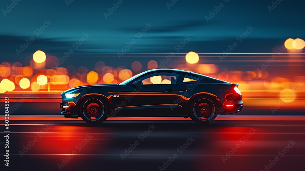   A black sports car drives down a city street at night Bright headlights illuminate the road behind, while the cityscape fades into a blurry background